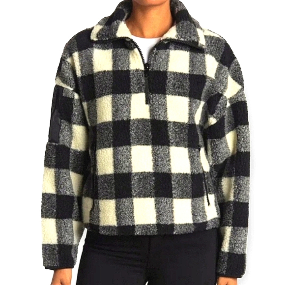 Boundless North Buffalo Plaid Faux Shearling Cropped Sweater Jacket